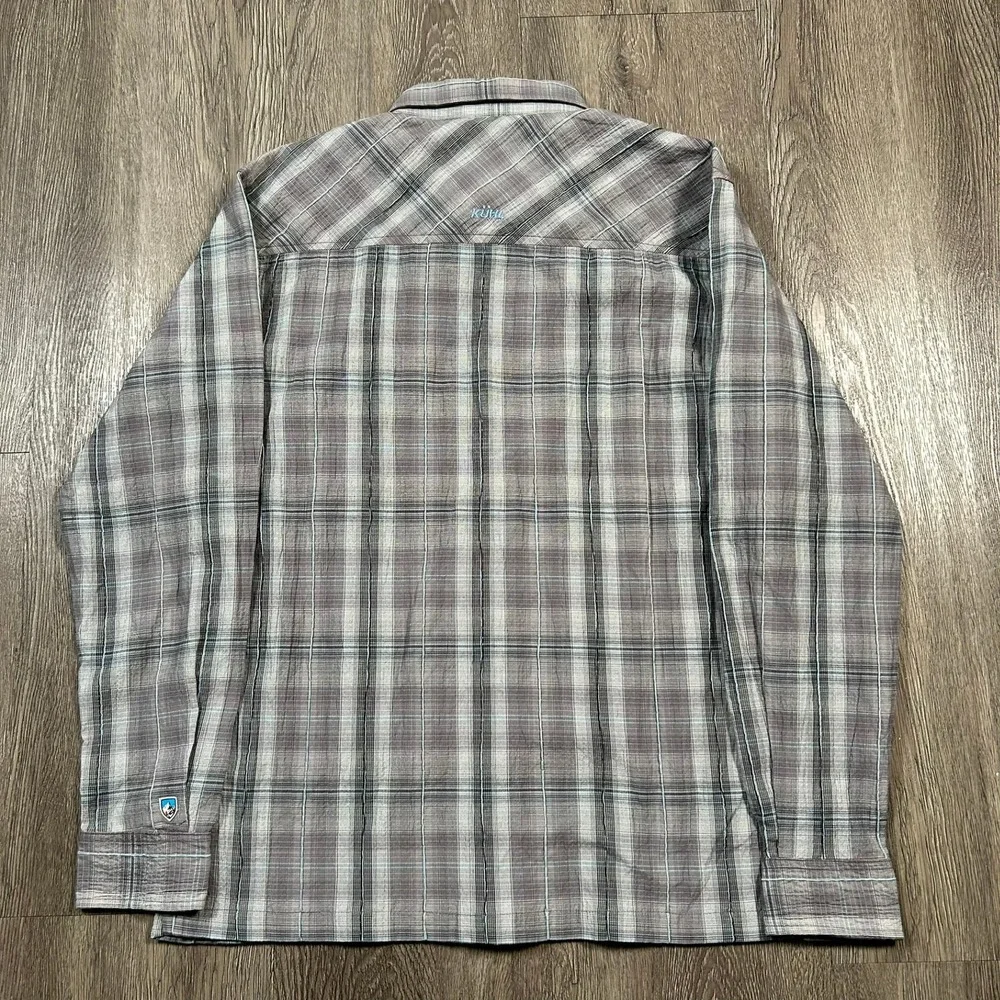 KUHL Button Down Shirt Large Grey Plaid Long Sleeve Mountain Grown Stretch